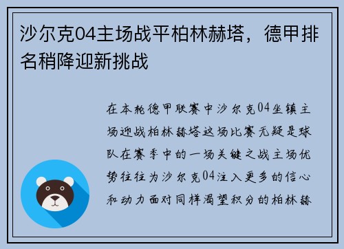 沙尔克04主场战平柏林赫塔，德甲排名稍降迎新挑战